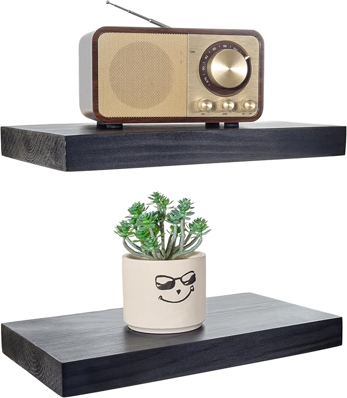 BGMG Wood Floating Shelves 12 inch,Black Floating Shelves,Solid Wood Wall Shelves for Bathroom Living Room Bedroom Kitchen Fa