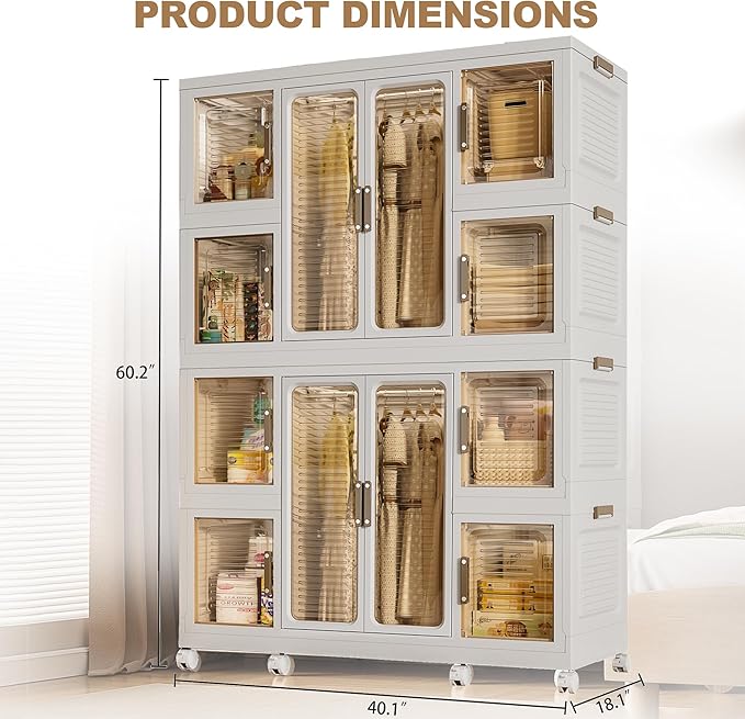 Leavader Portable Wardrobe Closet, Large Collapsible Plastic Wardrobe with Wheels, Foldable Clothes Storage Cabinet with 8 Sh