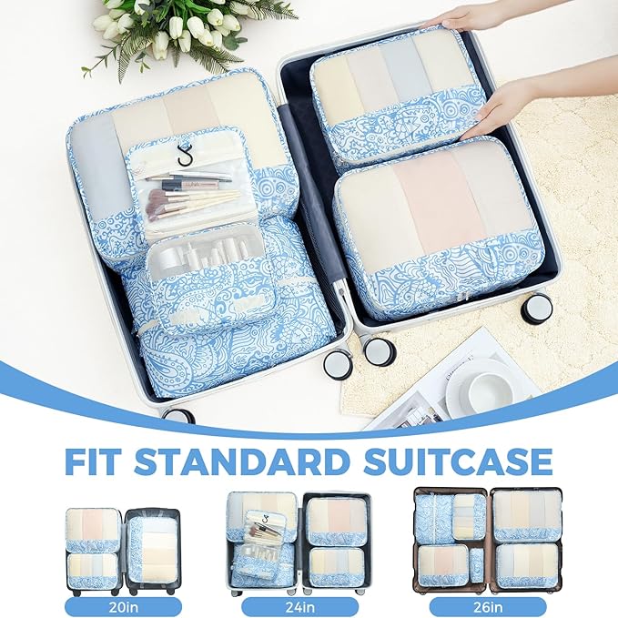 BAGAIL 9 Set Packing Cubes with Packing List Luggage Packing Organizers for Travel Accessories (Blue paisley)