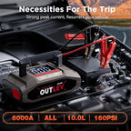 6000A UltraSafe Jump Starter with 160PSI Air Compressor, 12V Car Battery Booster, Portable Jump Box, Power Bank & Jumper Cables, LED Display, LED Light, for 10L Gas & 10L Diesel Engines