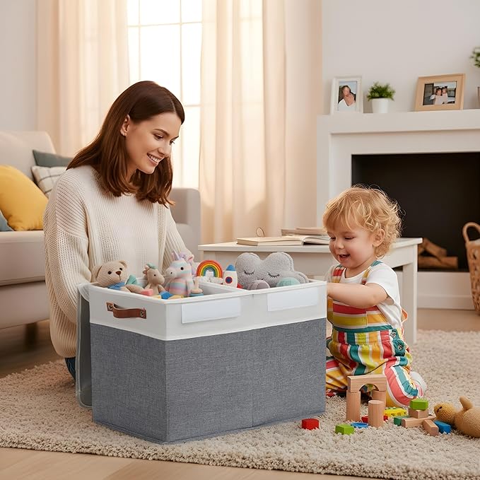 DECOMOMO Large Toy Storage Box with Lid - 25L x 12W x 16H inches Toy Chest Storage Bin with Divider for Kids, Nursery, Playro