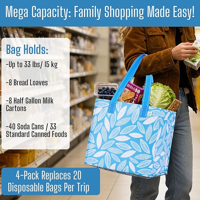 VENO 4 Pack Reusable Grocery Shopping Bags, Heavy-Duty Tote Bags with Handles, for Shopping Cart with Hard Bottom to Stand Upright, Foldable (Spring Breeze, 4 Pack)