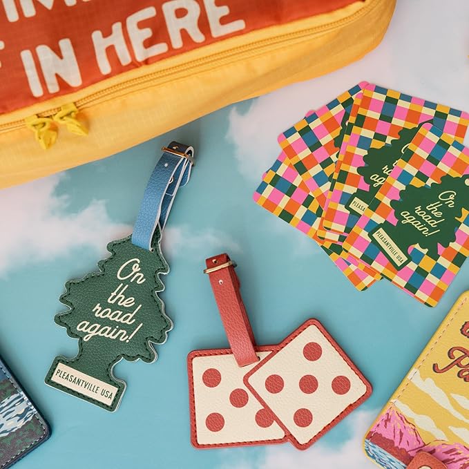 ban.do Getaway Suitcase Tag Set of 2 for Travel, Novelty Shaped Durable Vegan Leather Luggage Identifier (Road Trip)