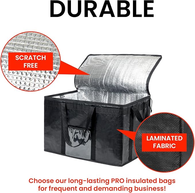 NZ home Insulated Bags for Food Delivery (3XL PRO) Grocery Shopping Cooler Bag, Pizza Delivery, Hot & Cold Catering Tote, Reusable, Foldable & Heavy Duty (4 Pack, Black)