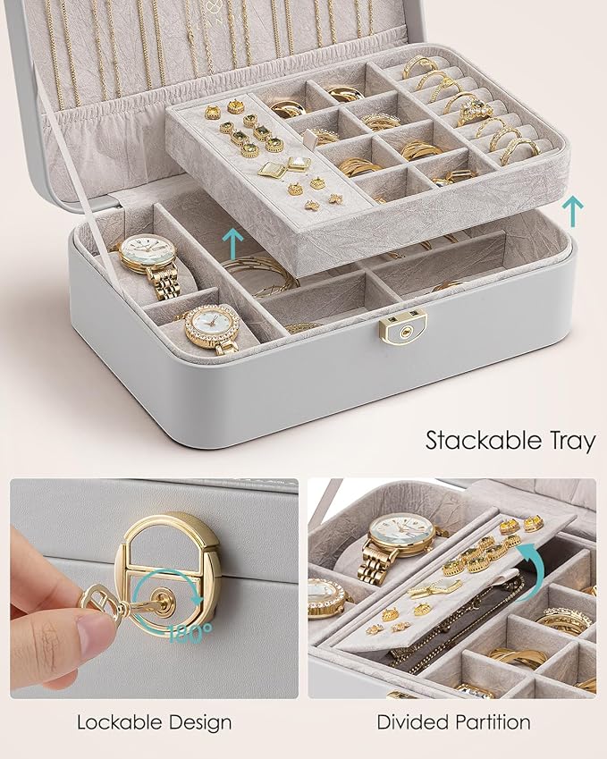 Vlando 2 Layer Jewelry Box,Jewelry Organizer Storage Lockable Earring Organizer Removable Jewelry Tray with Watch Pillow for 