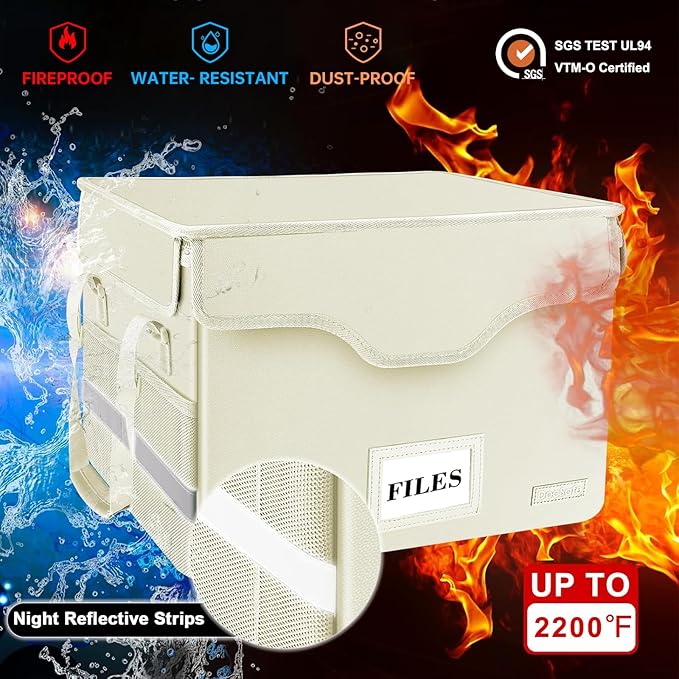 DocSafe Fireproof Document Box with Lock,File Storage Organizer with Zipper Pockets,Collapsible Portable File Box Home Office
