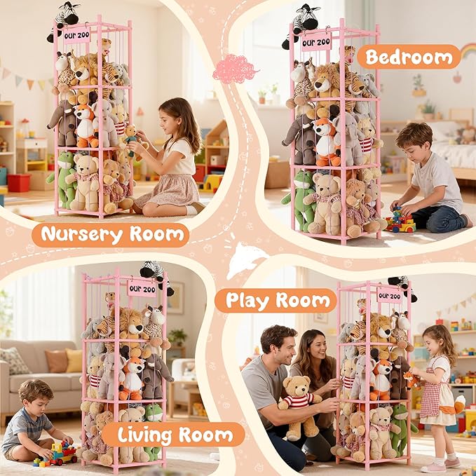 LAMU Stuffed Animal Storage, Wooden Zoo Stuffed Animal Holder with Elastic Cords, Space Save Toy Organizer, Extra Large Capac