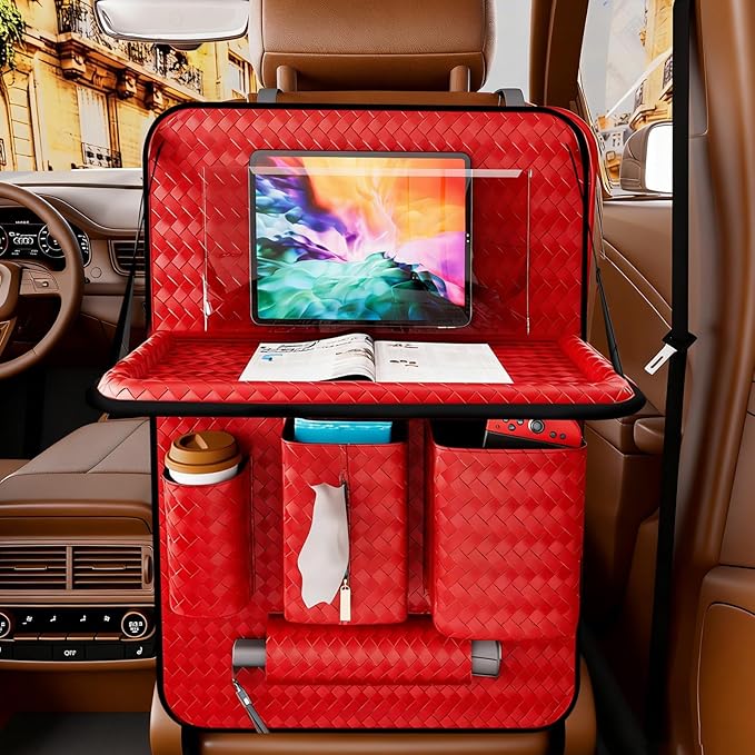 Car Back Seat Organizer, Black Woven Leather Storage Bag, Multifunctional Rear Seat Protector with Tablet Holder, 25.2x17.7 Inches, Red