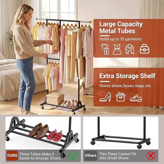 Rolling Clothing Rack with Bottom Storage Shelf & lockable Casters, Multi-tier Retractable Sturdy Garment Rack for Hanging Co