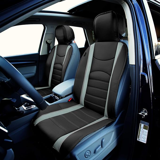FH Group Car Seat Covers Front Set Gray Black Faux Leather Car Seat Cushions - Car Seat Covers for Low Back Seat, Universal F