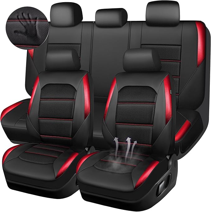 CAR PASS Memory 3D Foam Car Seat Covers Full Set, Breathable Mesh Thick Seat Covers for Car, Red Metal Film Leather Seat Cove