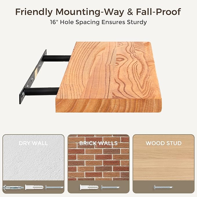 Fun Memories 24 Inch Floating Shelves, Rustic Solid Wood Wall Shelves Set of 2, 8 Inch Deep Floating Shelf for Bathroom, Bedr