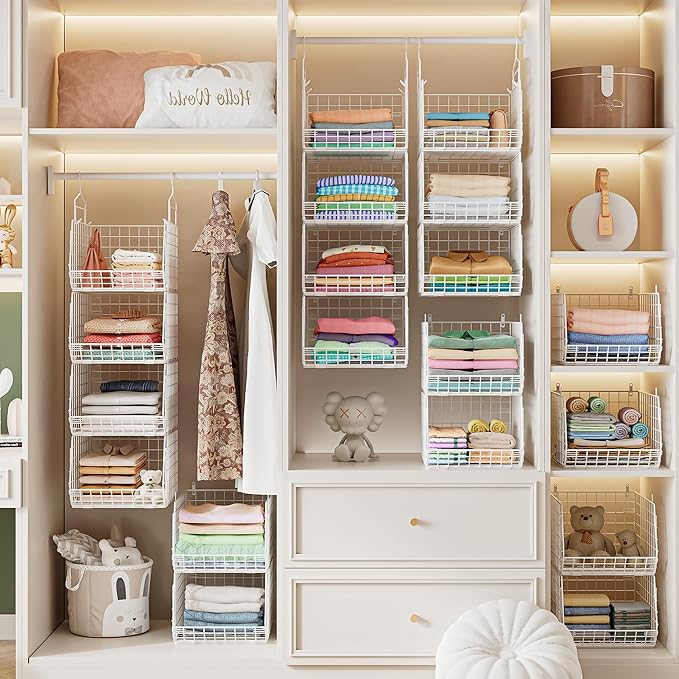 4" Extra Deeper Foldable Hanging Closet Organizer, Small Wire Cabinet Shelves and Storage with 5 S Hooks,4 Tier Metal Basket 