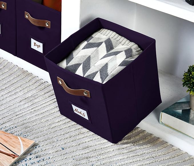 DECOMOMO Storage Baskets, 13x15x13 Storage Cube Bins with Labels for Organizing Shelves Kallax (Kallax / 4pcs, Deep Violet)