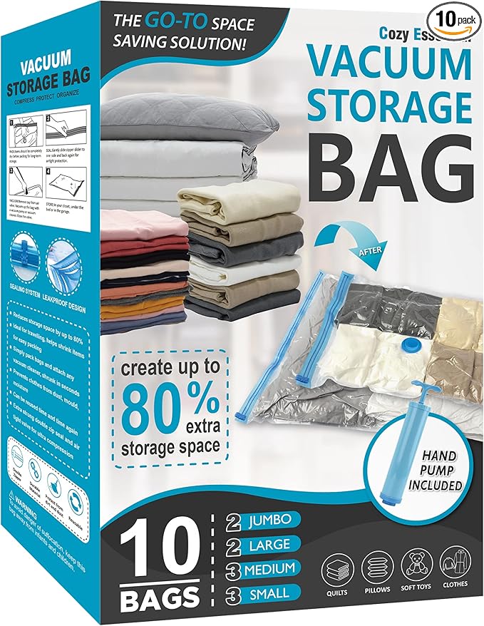 Cozy Essential Vacuum Storage Bags, 80% Compression Vacuum Seal Space Saver Plastic Packaging Bags for Clothes, Blankets, Pil