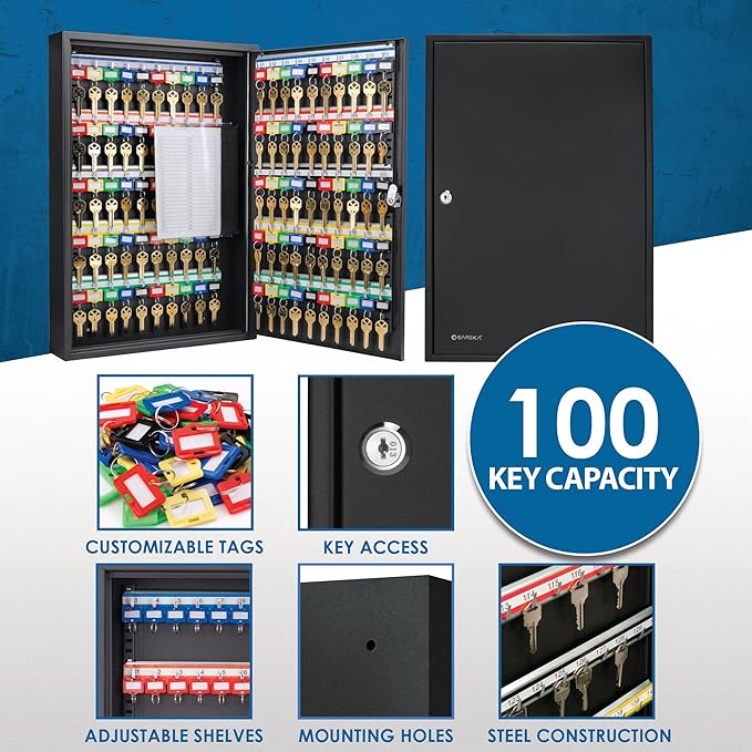 Barska 100-Position Key Lock Box – Solid Steel Key Cabinet with Adjustable Numbered Hooks, Key Log Sheet, Color Tags & Index 