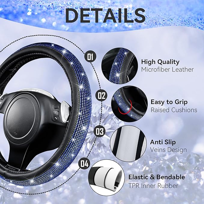 CAR PASS 11 PCS Bling Diamond Car Accessories for Women, Sparkly Rhinestone Steering Wheel Cover, Bling Seat Belt Cushion, Gl