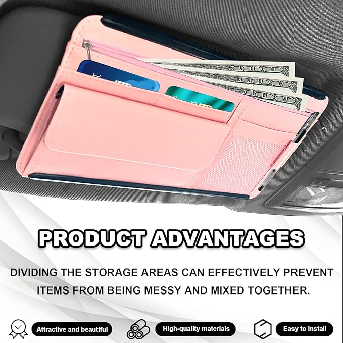 Car Sun Visor Storage Bag, Soft Leather Surface Organizer, Scratch-Resistant Auto Sunshade Organizer Bag, Can Store ID Card, Eyeglasses, Pen, Driving License etc (Pink)
