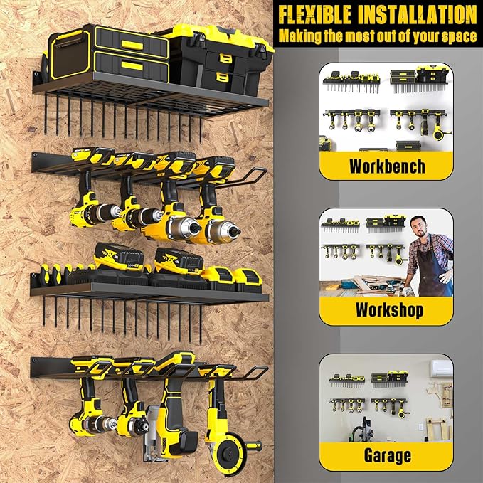MOOMSINE Power Tool Organizer Wall Mount, Heavy Duty Tool Organizers and Storage, Cordless Drill Holder and Battery Shelf, Me