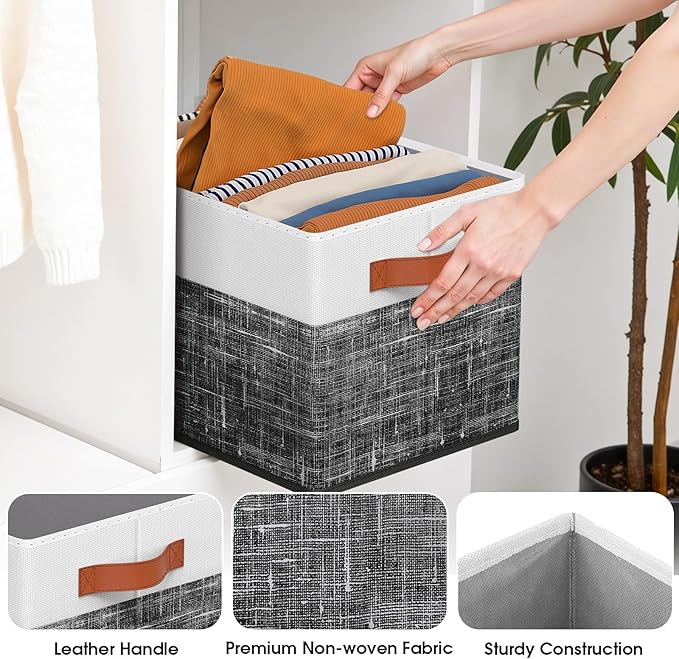 Fab totes Collapsible Storage Baskets for Shelves,14"x10", 8 Pack Foldable Fabric Storage Bins with Double Leather Handles, L