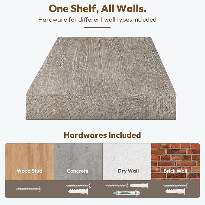 Vivelove Solid Wood Floating Shelves Set of 2, Elm Wood Wall Shelf with Invisible Bracket for Living Room Bedroom Bathroom Of
