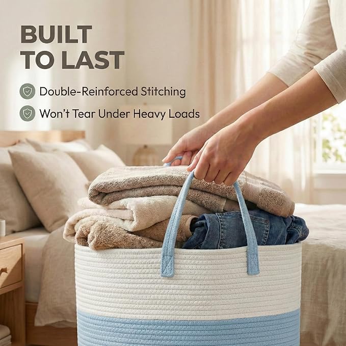 JMvicyroam 115L Extra Large Blanket Basket for Living Room - Woven Cotton Rope Laundry Hamper with Reinforced Handles - Stora