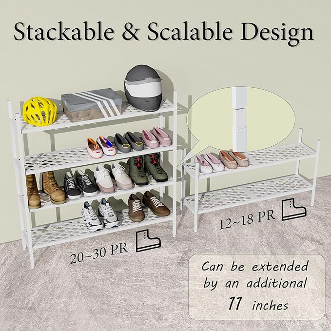 Shoe Rack, Expandable Shoes Organizer Metal Shelf Stand, 2 Tier Stackable Long Shoe Storage Holder For Closet, Floor, Entrywa