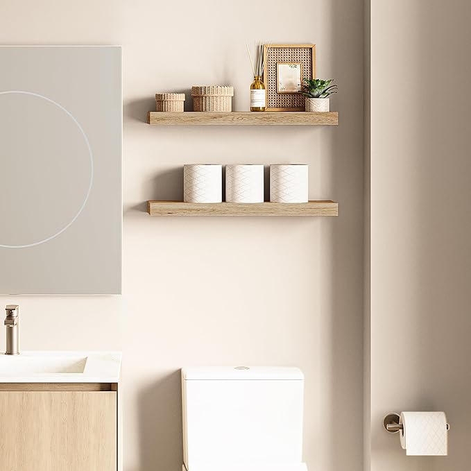 Ballucci Floating Shelves, 24" Wood Wall Shelf Set of 2, Invisible Brackets Floating Shelf Bathroom Wall Decor, Living Room, 