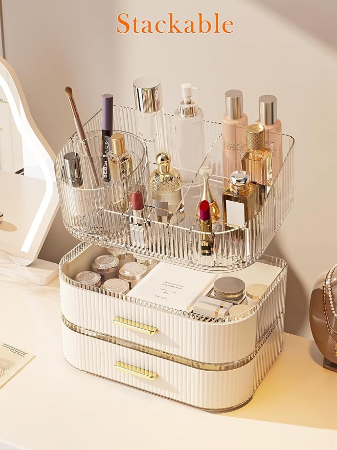 Makeup Organizer with Stackable Drawer, 360 Rotating Makeup Brush Holder, 11-inch Wide Large Cosmetic Display Case, Skincare 