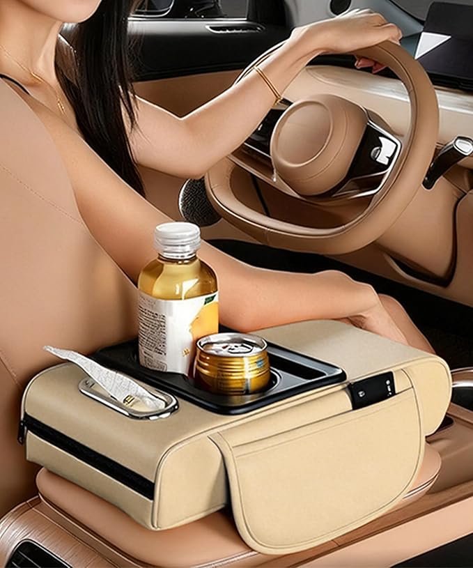 Car Armrest Storage Box,Car Accessories Console Organizers and Storage,Universal Waterproof Leather Console Cover with Cup Holder and Phone Holder,Suitable for Most Cars (Normal, Beige)