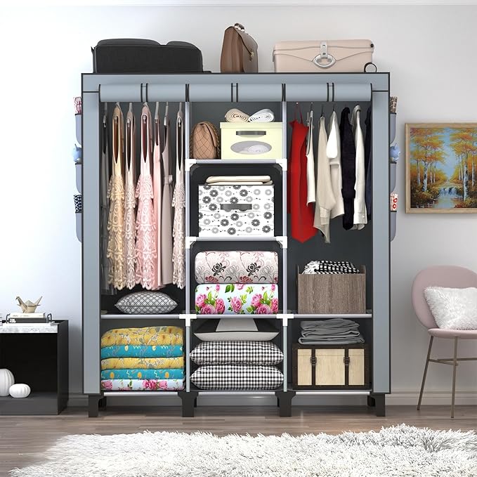 Portable Wardrobe with 10 Storage Racks and 2 Hanging Poles, 6 Side Pockets Non-Woven Cover, Size 130 x 45 x 172 cm, Bedroom 