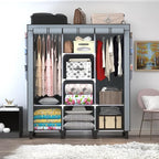 Portable Wardrobe with 10 Storage Racks and 2 Hanging Poles, 6 Side Pockets Non-Woven Cover, Size 130 x 45 x 172 cm, Bedroom 
