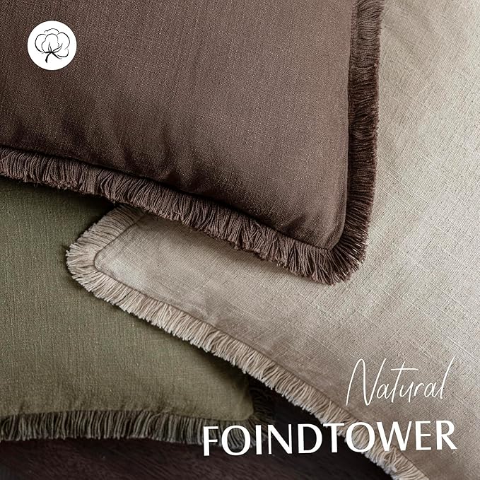 Foindtower Set of 2 Decorative Linen Fringe Throw Pillow Covers Boho Farmhouse Cushion Cover with Tassels Lumbar Accent Pillo