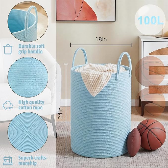 Laundry Basket,Woven Cotton Rope Laundry Hamper,100L for Decor Storage of Dirty Clothes,Toys and Blankets in Bathroom,Baby Ro