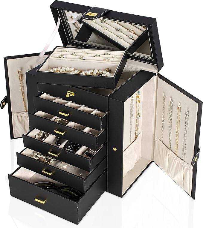 AKOZLIN Large Jewelry Box Organizer Functional with Big Mirror, Leather Jewelry Storage Case for Women Girls Ring Necklace Ea