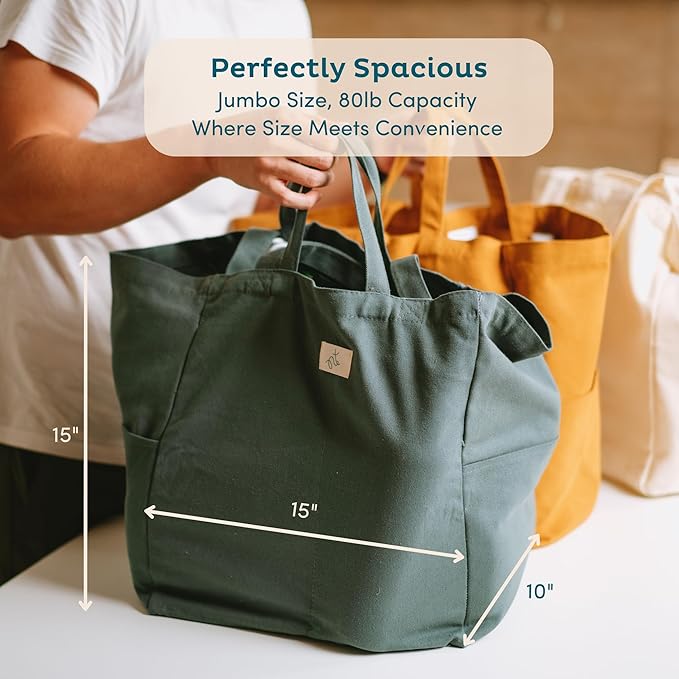 Nook Theory 3-Pack Reusable Grocery Bags - Heavy Duty, Large 12 Oz Cotton Canvas Reusable Shopping Bags With Pockets, 100% Cotton Cloth Grocery Totes, Foldable Multi Compartment (Deepblue)
