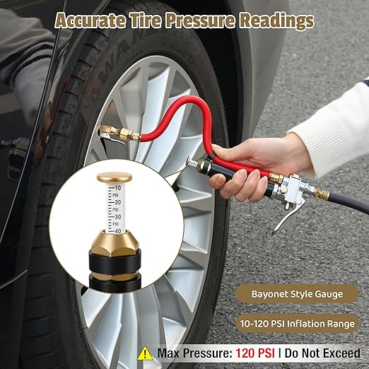Heavy Duty Tire Pressure Gauge Inflator for Trucks & RVs (10-120 PSI) - Dual Head Air Chuck with 4-Way Tool, Rubber Hose & Valve Cores, 1/4" NPT Inlet
