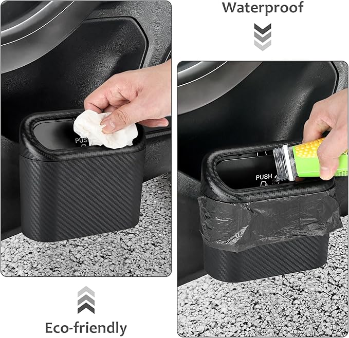 Accmor Car Trash Can with Lid, 2 Pack Mini Vehicle Trash Bin Car Dustbin Garbage Organizer Holder with Trash Bag, Small Hanging Leakproof Auto Storage Bag Container (Carbon Fiber)