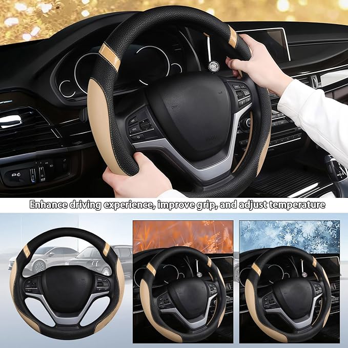 Cxtiy Pickup Truck Steering Wheel Cover – Sporty Fahsion Non-Slip Premium Leather Universal 15.5-16 Inch Steering Wheel Grip 
