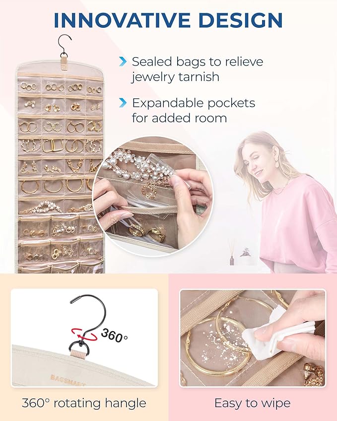 BAGSMART Hanging Jewelry Organizer, Necklace Holder Anti-tangle Earrings Rings Hanger with Pockets Hang on Closet, Wall, Door