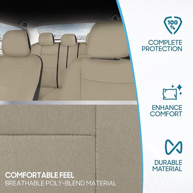 BDK PolyPro Car Seat Covers Full Set in Solid Beige, Front and Rear Split Bench Seat Covers for Cars, Easy to Install Car Sea