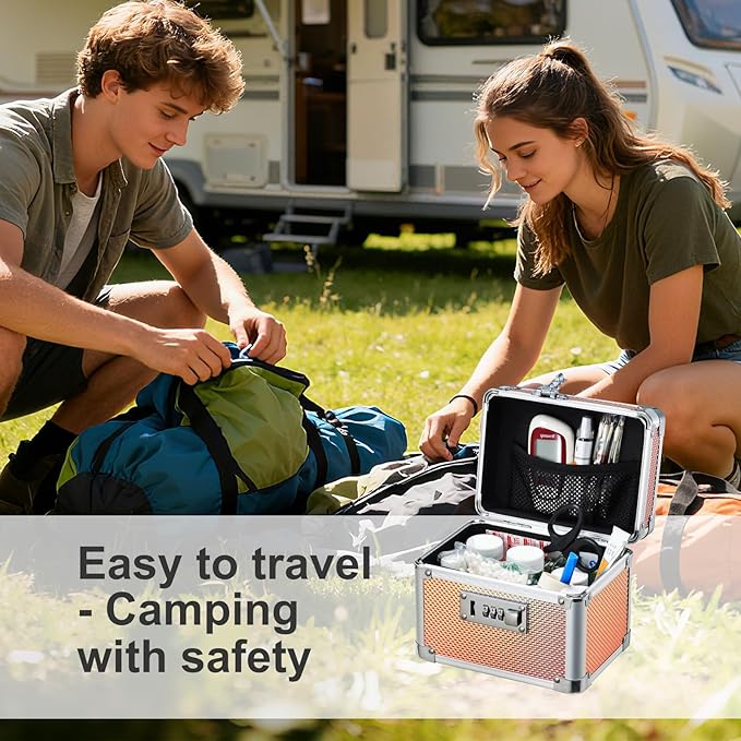 Adazzo Lockable Storage Box - Shiny Gold Medicine Med Lock Box, 7 * 5.25 * 5.75 Inches Safe Case with Combination Lock for Ho