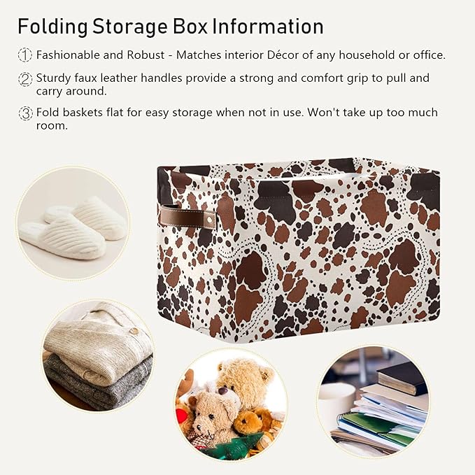 xigua Cow Print Storage Basket Collapsible Storage Bins Waterproof Canvas Storage Basket with Leather Handles for Home Closet