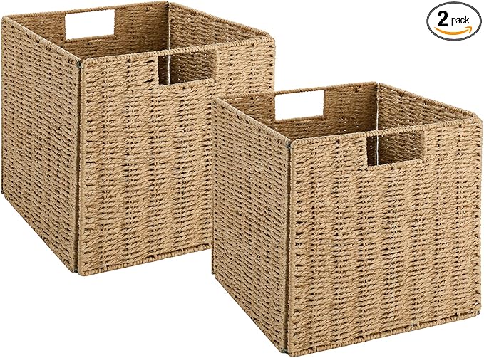 Vagusicc Wicker Baskets, Set of 2 Hand-Woven Storage Baskets for Shelves with Handles, Foldable Cube Wicker Storage Basket Bi