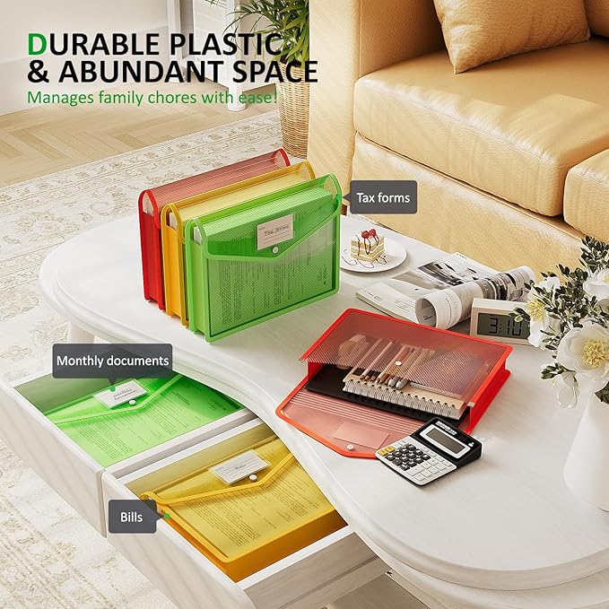 ThinkTex Plastic Expanding File Folders, Transparent Envelopes with Snap Closure, No Dividers, Large Capacity, Document Organ