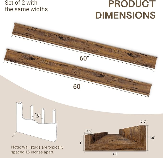 Fun Memories Long Wall Shelves Set of 2-60 Inch Floating Shelves for Wall - Picture Ledge Shelf with Lip for Storage - Wall -