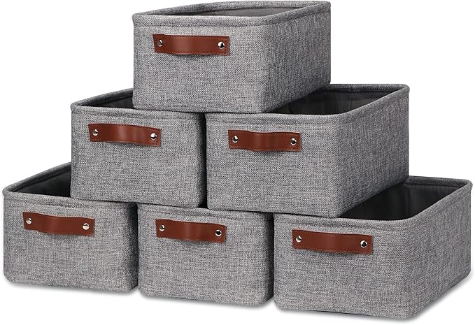 HNZIGE Foldable Fabric Storage Baskets (6pack), Empty Gift Baskets with Leather Handles, Decorative Organizers for Closet (Gr