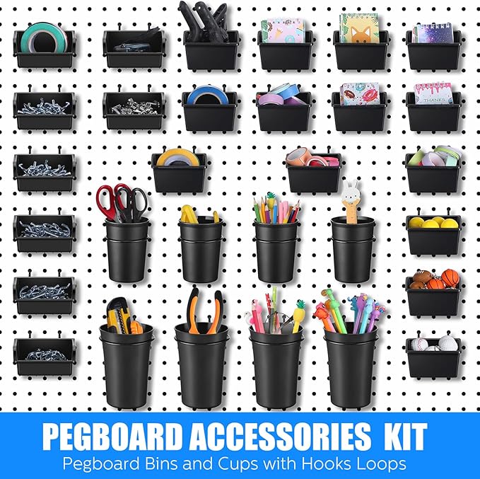 Sieral 64 Pieces Pegboard Bins Pegboard Cups with Hooks and Loops Peg Hooks Assortment Organizer Accessory for Organizing Acc