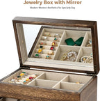 Meangood Jewelry Box Organizer for Women, 3 Layer Large Jewelry Storage Case, Rustic Wooden Jewelry Box with Mirror & Ring Tr