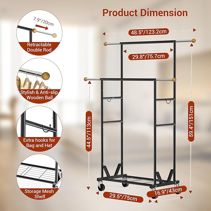 Rolling Garment Rack - Double Rod Clothes Rack with Lockable Casters, Mesh Storage Shelf & Anti-Slip Wooden Finials accented 